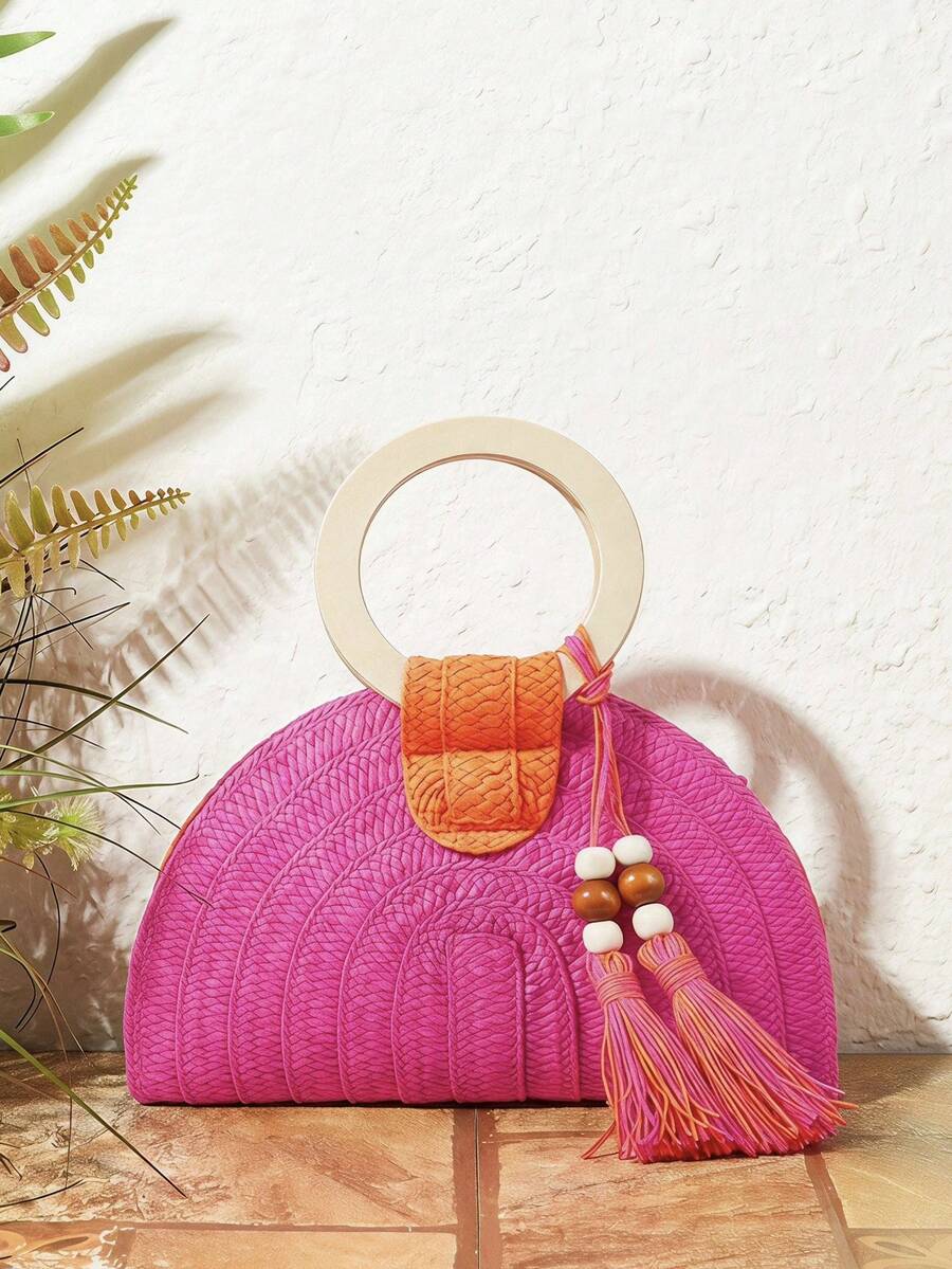 Paper Straw Color - Dames Ronde Houten Handtas met Twee